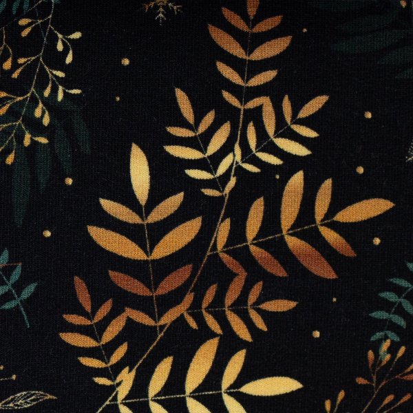 French Terry Stoff „Holly“ – Herbstliche Blätter & Zweige auf Schwarz